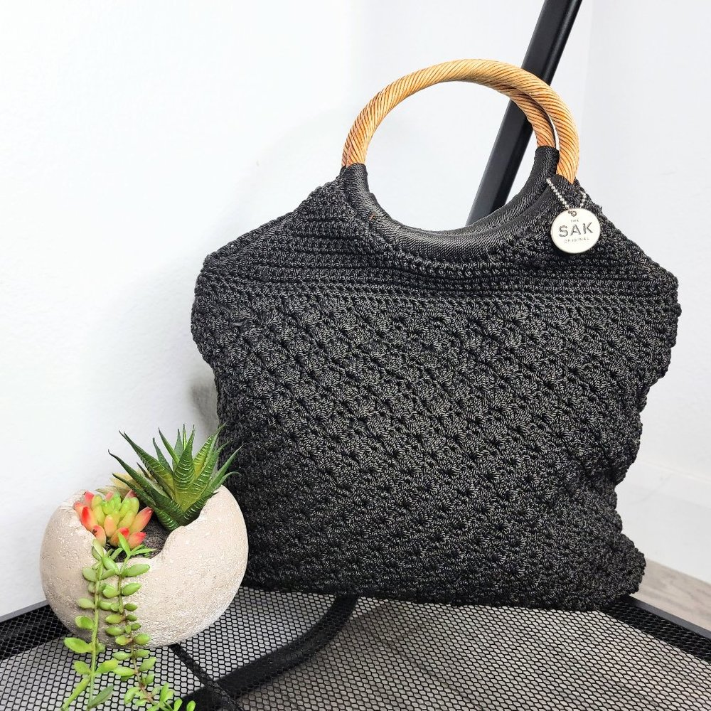 The Sak Black Woven Tote with Wooden Handles